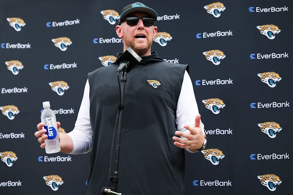 JACKSONVILLE, FLORIDA - MAY 10: Head coach Liam Coen of the Jacksonville Jaguars speaks with the media after practice during Rookie Minicamp at Miller Electric Center on May 10, 2025, in Jacksonville, Florida. (Photo by Logan Bowles/Getty Images)