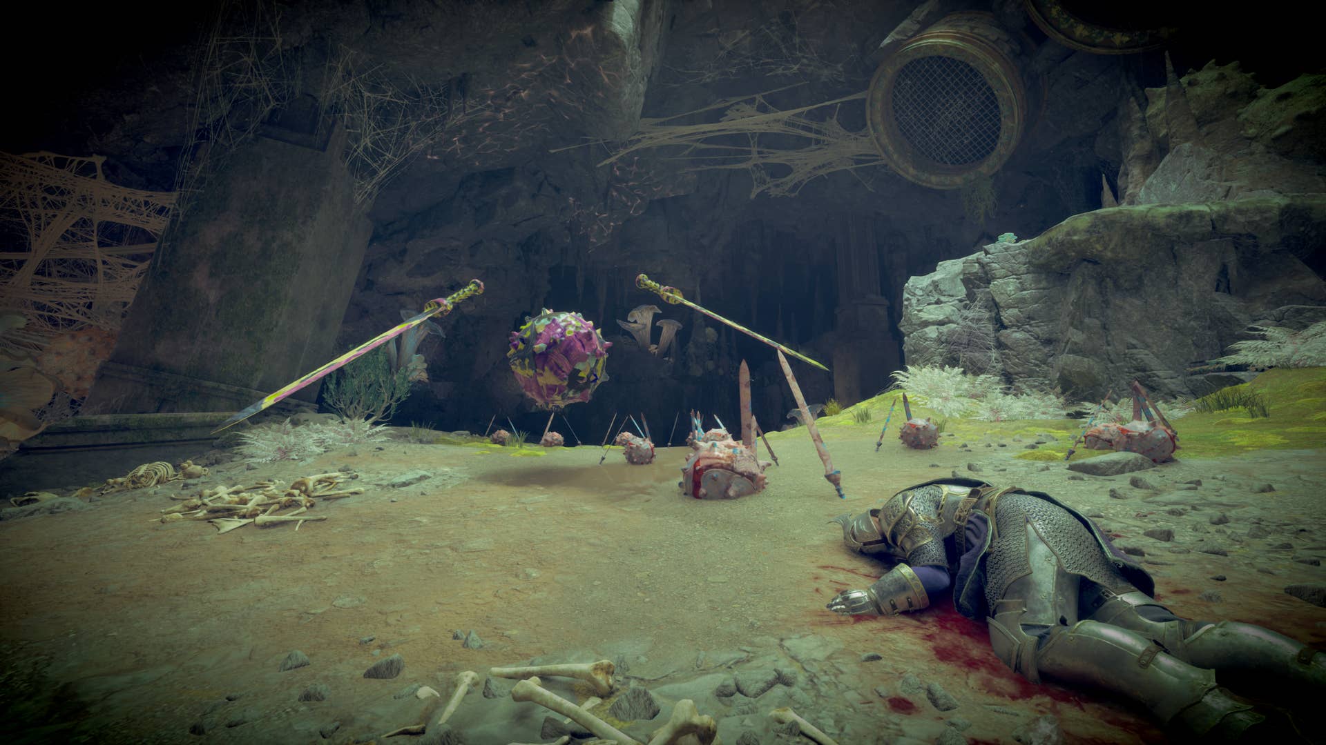 Avowed's arachnophobia mode depicted with enemy spiders replaced by colorful orbs.